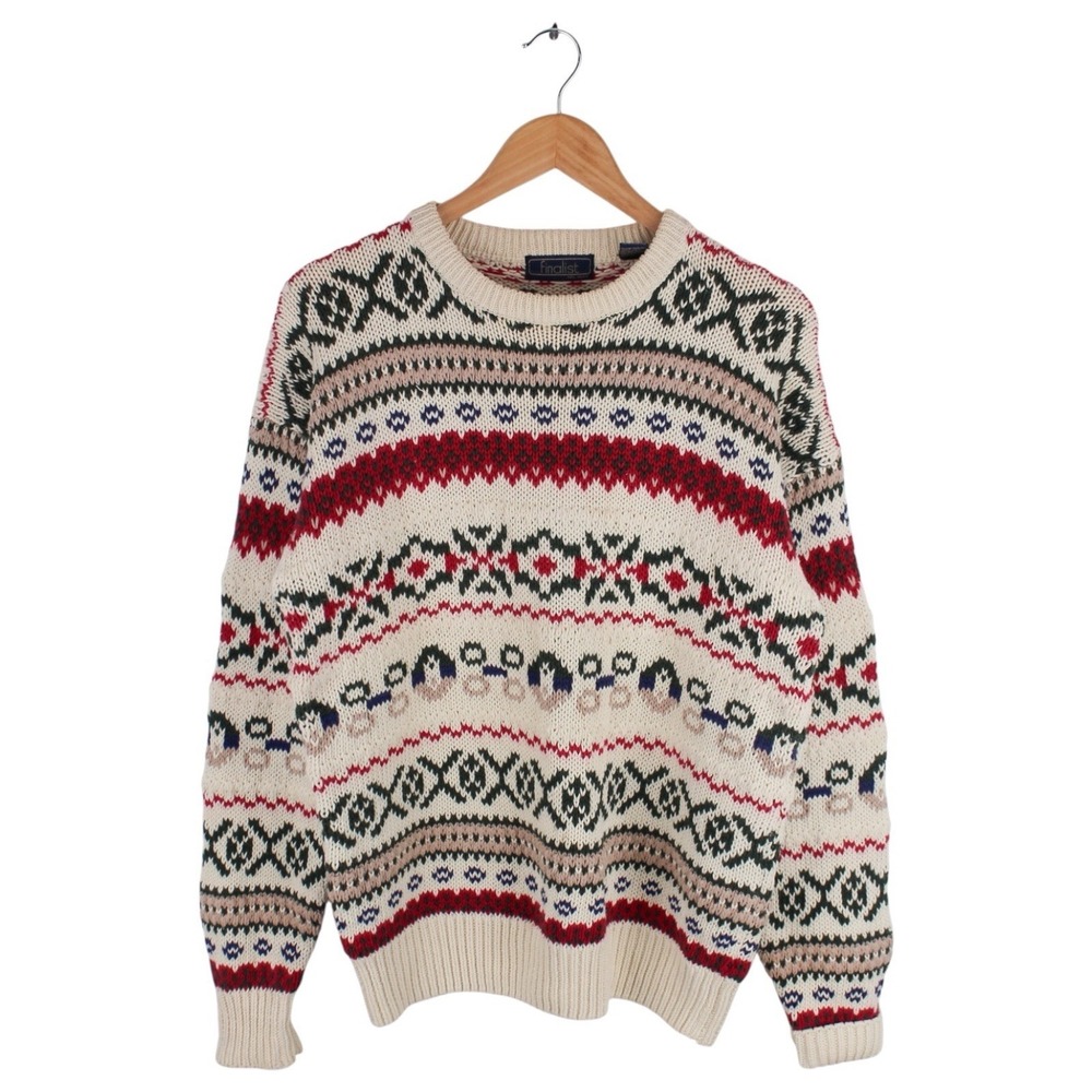 Vintage Nordic Fair Isle Knit Sweater Cream Red Green Men's Size Medium